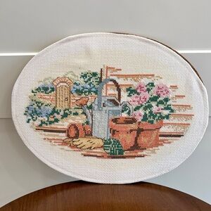Handcrafted Cross-Stitch Garden Scene - White Background